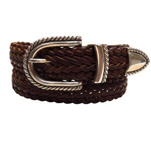Woven Brown Leather Belt 3 Piece Nickle Brass Buckle Set Vintage 1993
